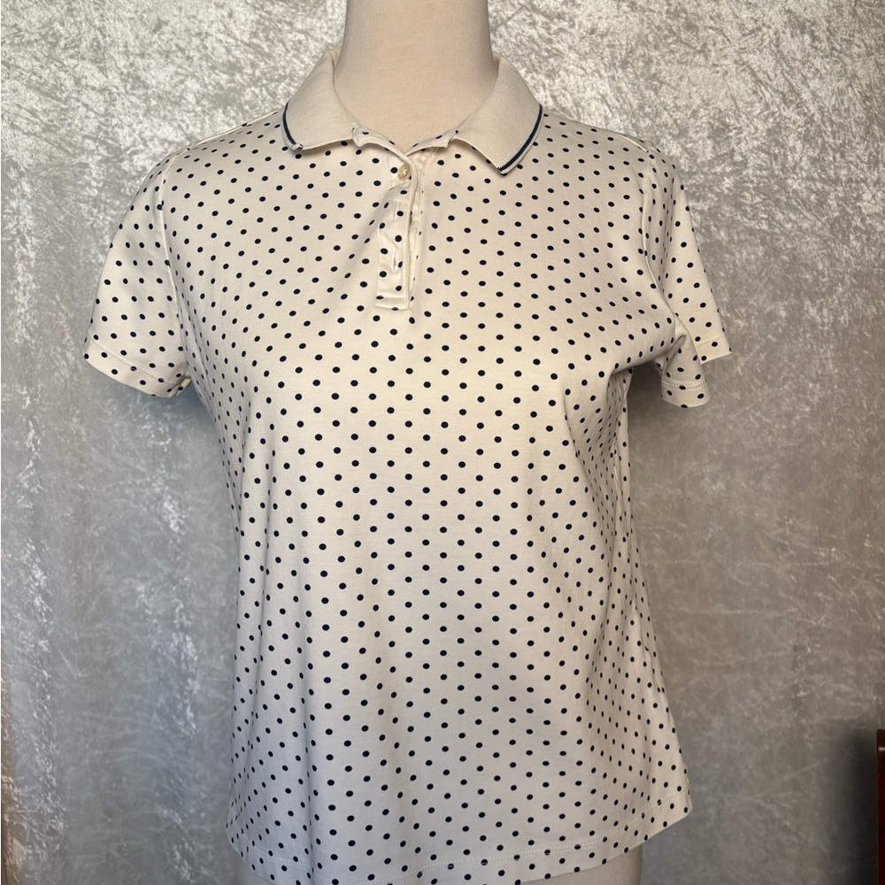 Lands' End Ladies White Black Polka  Dot cotton Polo blouse Size M